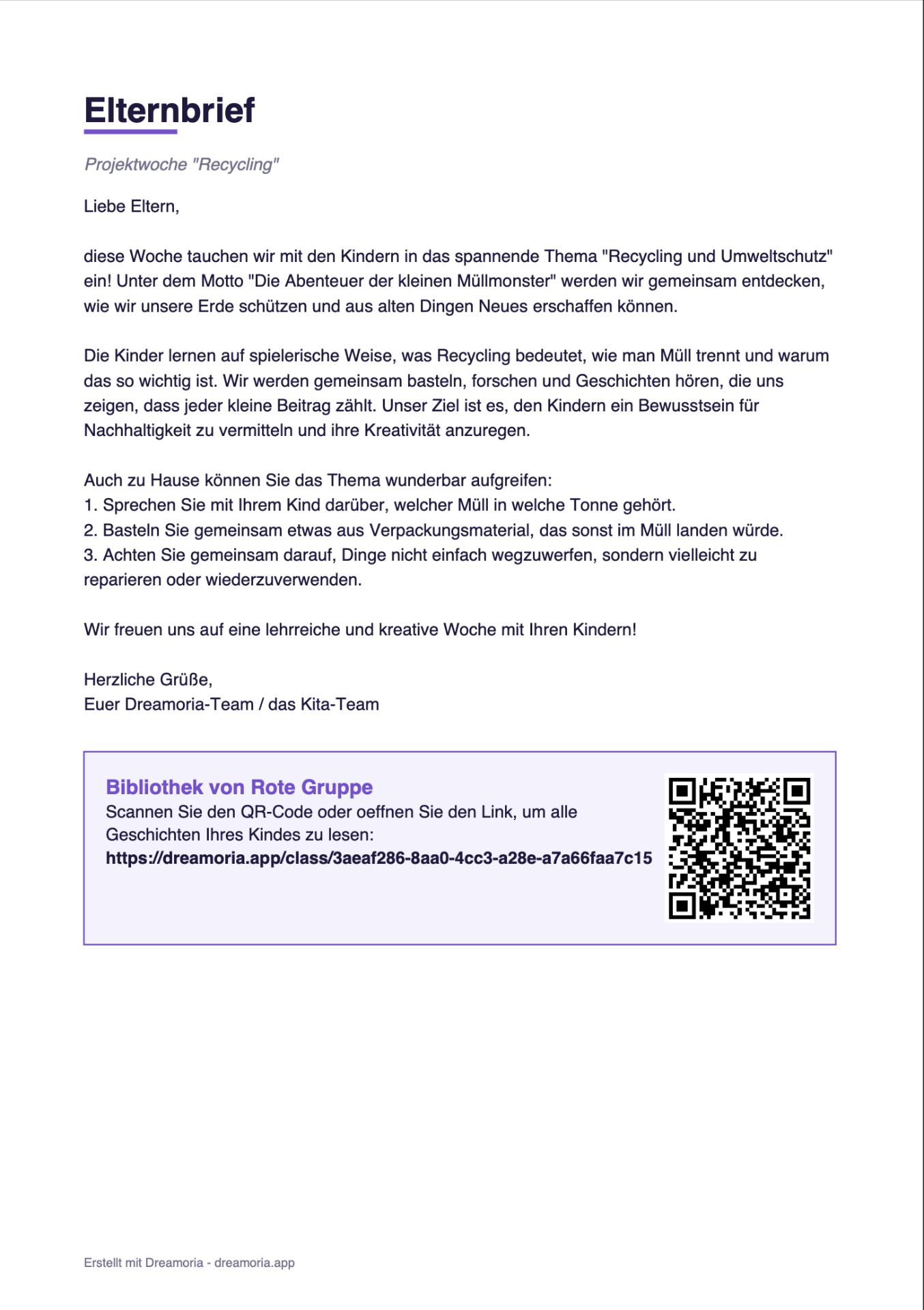 Fertiger Elternbrief als PDF mit QR-Code und Link zur Klassen-Bibliothek
