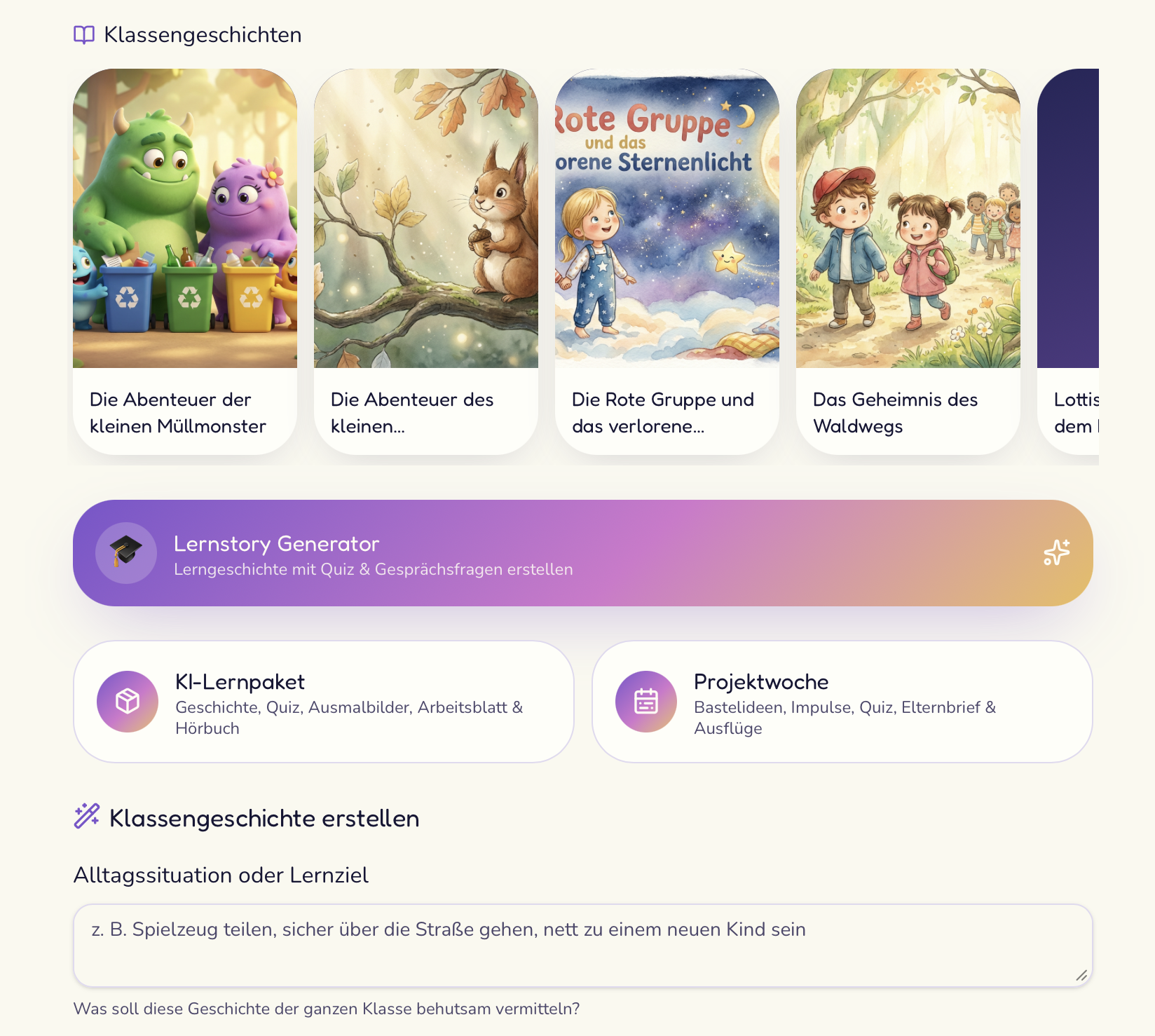 Übersicht im Schul- & Kita-Modus mit Klassengeschichten, Lernstory-Generator, KI-Lernpaket und Projektwoche