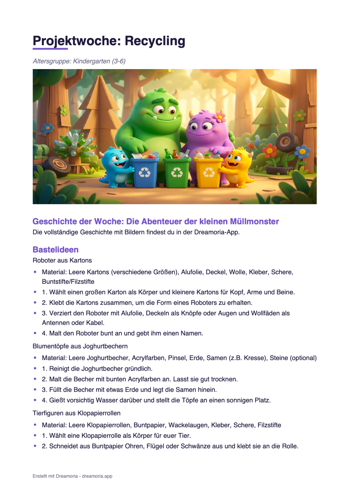 Druckfertiges Projektwochen-PDF zum Thema Recycling mit Geschichte, Bastelideen und Materiallisten